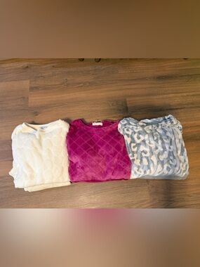 Cozy Plush Sweater Trio - White, Magenta, Light Blue Pattern